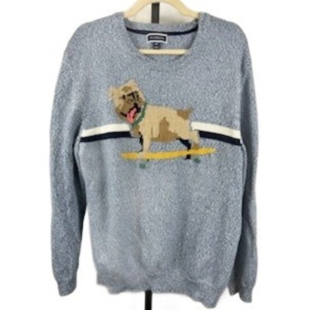 Club Room Sweater Men's‎ Size XXL Blue Pug Dog Skateboard Crewneck Gray